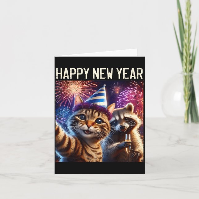 Happy New Year 2026 Cute Cat Raccoon Celebration  Karte (Vorderseite)