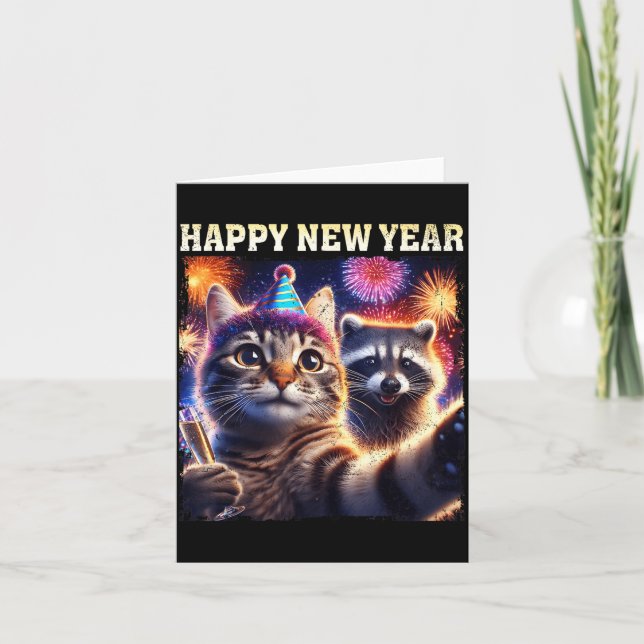 Happy New Year 2026 Cute Cat Raccoon Celebration  Karte (Vorderseite)