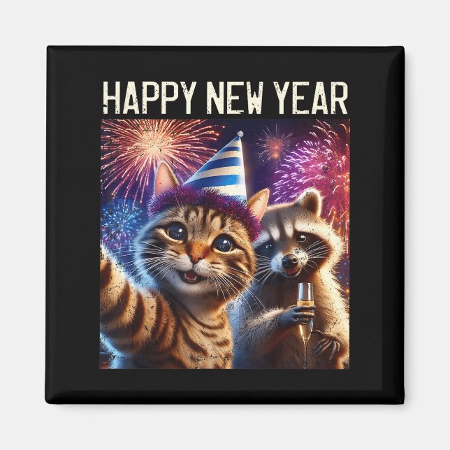 Happy New Year 2026 Cute Cat Raccoon Celebration  Magnet (Vorne)