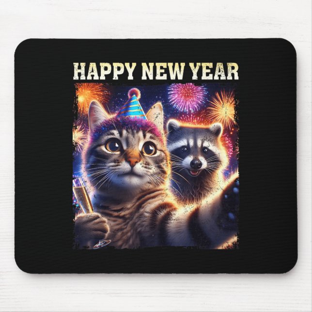 Happy New Year 2026 Cute Cat Raccoon Celebration  Mousepad (Vorne)