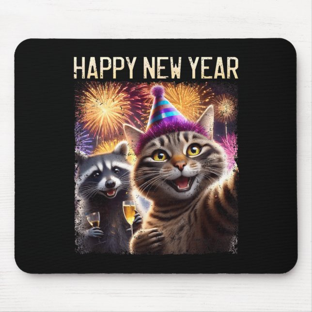 Happy New Year 2026 Cute Cat Raccoon Celebration  Mousepad (Vorne)