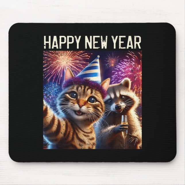Happy New Year 2026 Cute Cat Raccoon Celebration  Mousepad (Vorne)