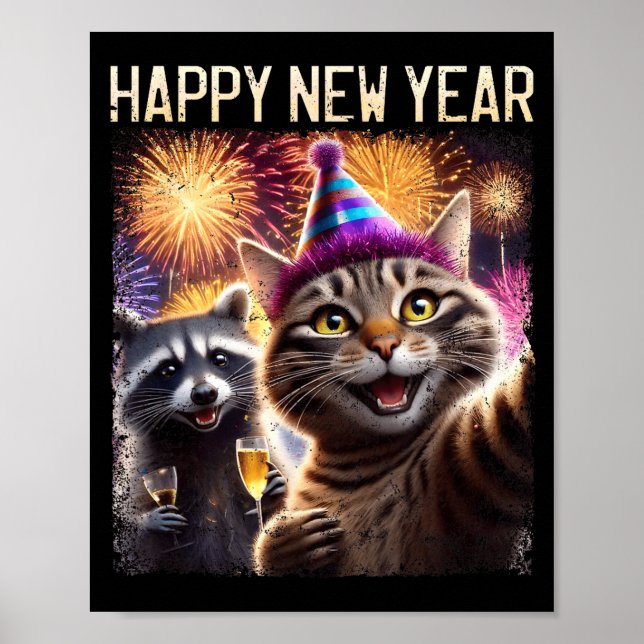 Happy New Year 2026 Cute Cat Raccoon Celebration  Poster (Vorne)