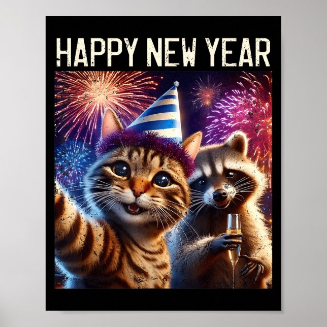 Happy New Year 2026 Cute Cat Raccoon Celebration  Poster (Vorne)