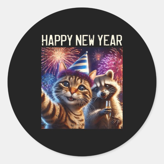 Happy New Year 2026 Cute Cat Raccoon Celebration  Runder Aufkleber (Vorderseite)