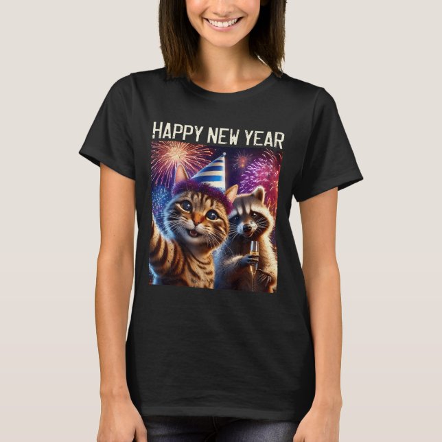 Happy New Year 2026 Cute Cat Raccoon Celebration  T-Shirt (Vorderseite)