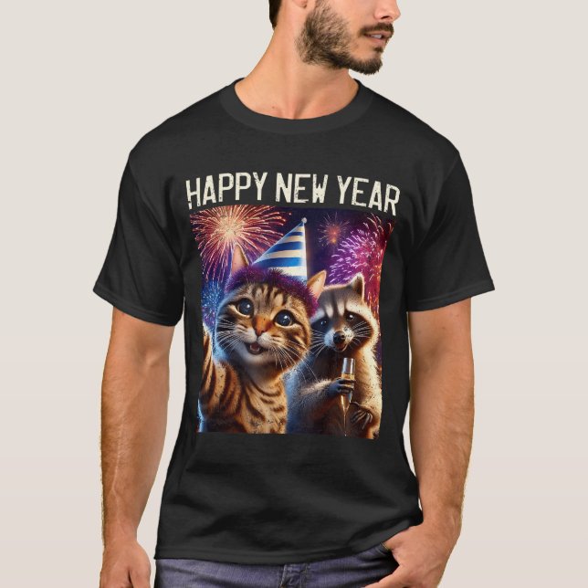 Happy New Year 2026 Cute Cat Raccoon Celebration  T-Shirt (Vorderseite)