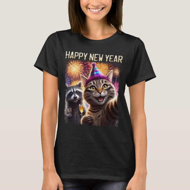 Happy New Year 2026 Cute Cat Raccoon Celebration  T-Shirt (Vorderseite)