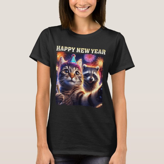 Happy New Year 2026 Cute Cat Raccoon Celebration  T-Shirt (Vorderseite)