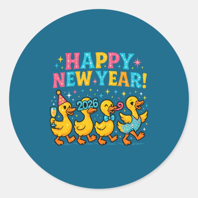 Happy New Year 2026 Cute Duck Party Gift Long Slee Runder Aufkleber (Vorderseite)