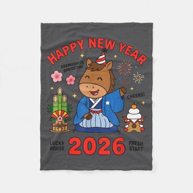 Happy New Year 2026 Cute Horse Japanese Celebratio Fleecedecke (Vorderseite)