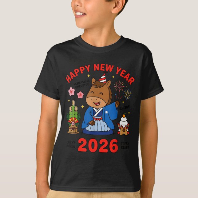 Happy New Year 2026 Cute Horse Japanese Celebratio T-Shirt (Vorderseite)