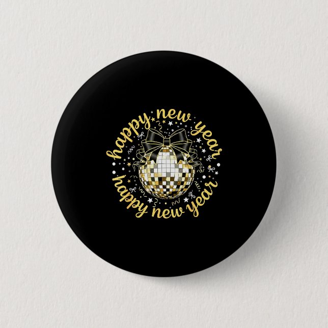 Happy New Year 2026 Disco Ball Gold Bow Coquette C Button (Vorderseite)