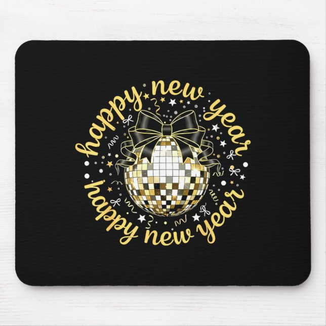 Happy New Year 2026 Disco Ball Gold Bow Coquette C Mousepad (Vorne)