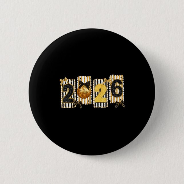 Happy New Year 2026 Disco Ball Gold Coquette Bow F Button (Vorderseite)