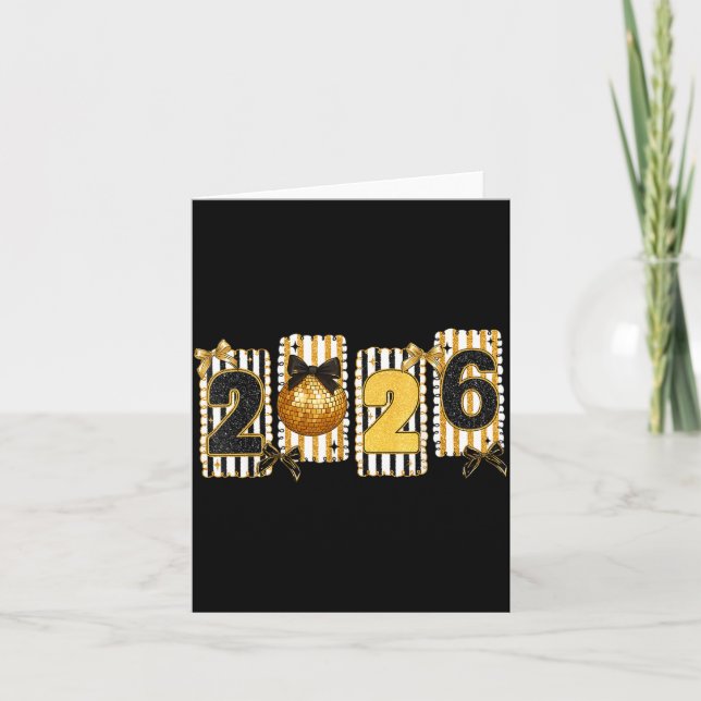 Happy New Year 2026 Disco Ball Gold Coquette Bow F Karte (Vorderseite)