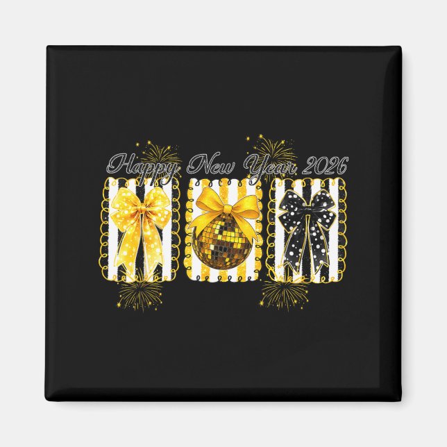 Happy New Year 2026 Disco Ball Gold Coquette Bow F Magnet (Vorne)
