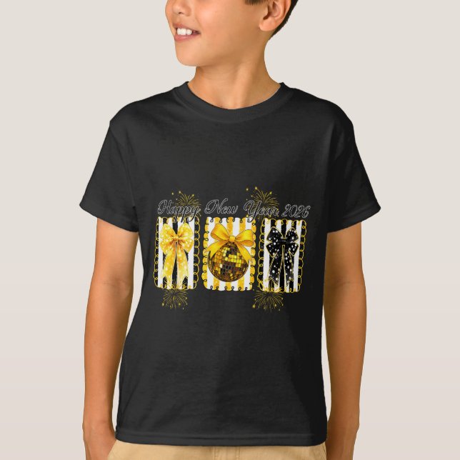 Happy New Year 2026 Disco Ball Gold Coquette Bow F T-Shirt (Vorderseite)