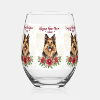 Happy New Year 2026 Dog Champagne Glass Weinglas Ohne Stiel
