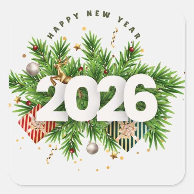 Happy New Year 2026 Festive Christmas Greenery Des Quadratischer Aufkleber (Vorderseite)