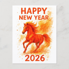 Happy New Year 2026 Fire Horse Watercolor Postcard Feiertagspostkarte