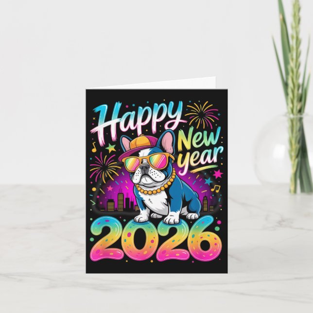 Happy New Year 2026 French Bulldog Fireworks Party Karte (Vorderseite)