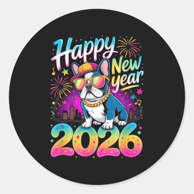 Happy New Year 2026 French Bulldog Fireworks Party Runder Aufkleber (Vorderseite)