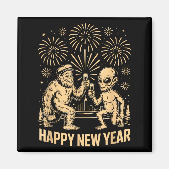 Happy New Year 2026 Funny Bigfoot And Alien Lovers Magnet (Vorne)