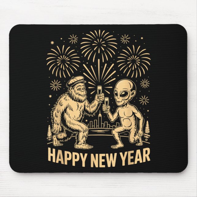 Happy New Year 2026 Funny Bigfoot And Alien Lovers Mousepad (Vorne)