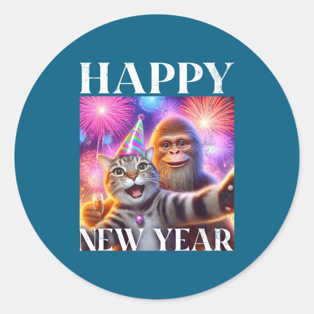 Happy New Year 2026 Funny Cat Bigfoot Party Art  Runder Aufkleber (Vorderseite)