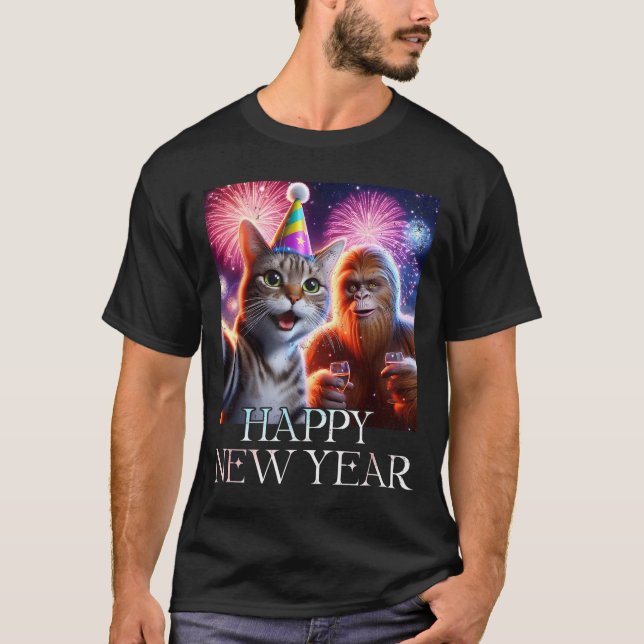 Happy New Year 2026 Funny Cat Bigfoot Party Art  T-Shirt (Vorderseite)