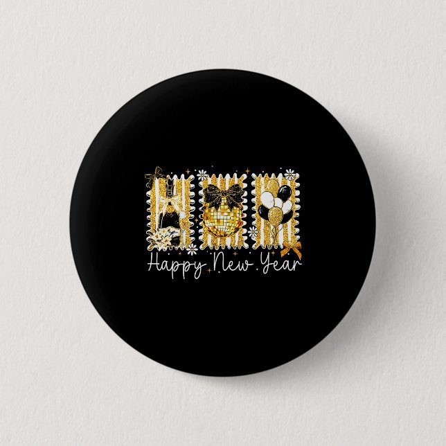 Happy New Year 2026 Gold Coquette Bow Disco Ball C Button (Vorderseite)