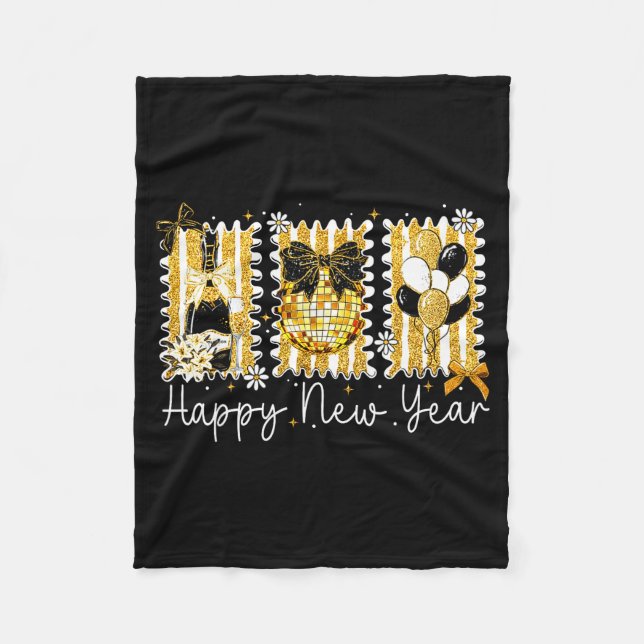 Happy New Year 2026 Gold Coquette Bow Disco Ball C Fleecedecke (Vorderseite)