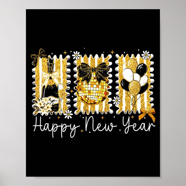 Happy New Year 2026 Gold Coquette Bow Disco Ball C Poster (Vorne)