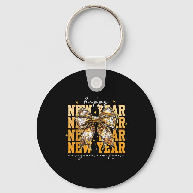 Happy New Year 2026 Gold Coquette Bow Disco Ball C Schlüsselanhänger (Vorderseite)