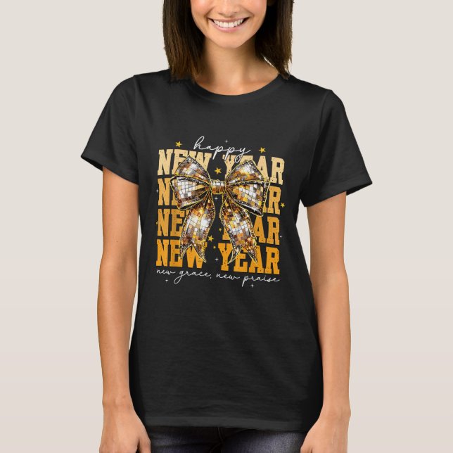 Happy New Year 2026 Gold Coquette Bow Disco Ball C T-Shirt (Vorderseite)