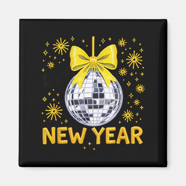 Happy New Year 2026 Golden Disco Ball Bow New Year Magnet (Vorne)