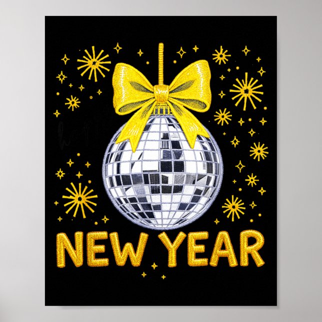 Happy New Year 2026 Golden Disco Ball Bow New Year Poster (Vorne)