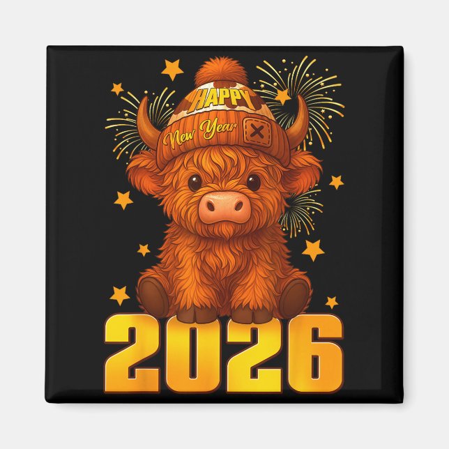 Happy New Year 2026 Highland Cow &amp; Party Hat N Magnet (Vorne)