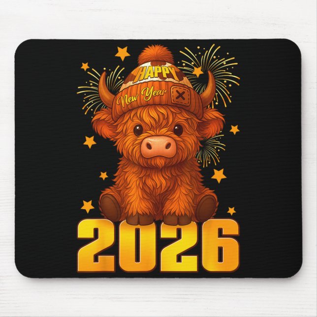 Happy New Year 2026 Highland Cow &amp; Party Hat N Mousepad (Vorne)