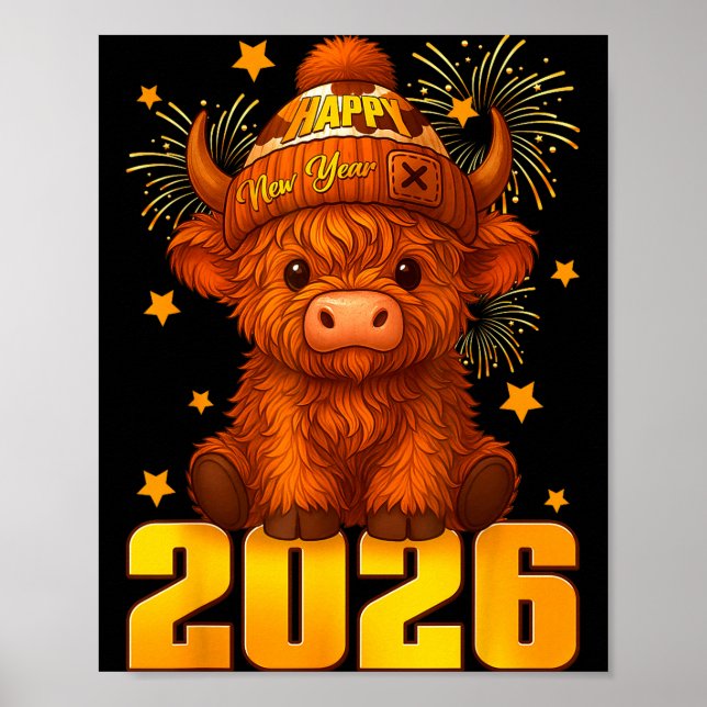 Happy New Year 2026 Highland Cow &amp; Party Hat N Poster (Vorne)