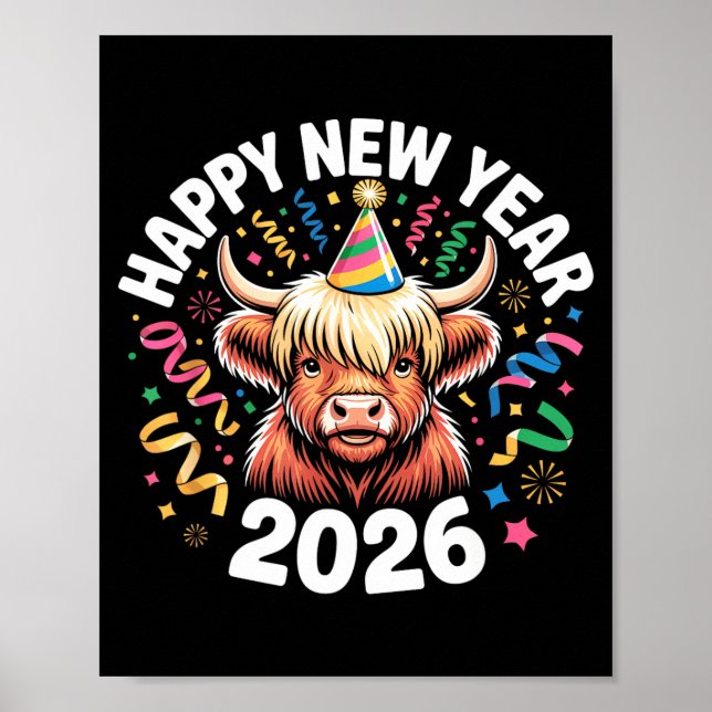 Happy New Year 2026 Highland Cow &amp; Party Hat N Poster (Vorne)