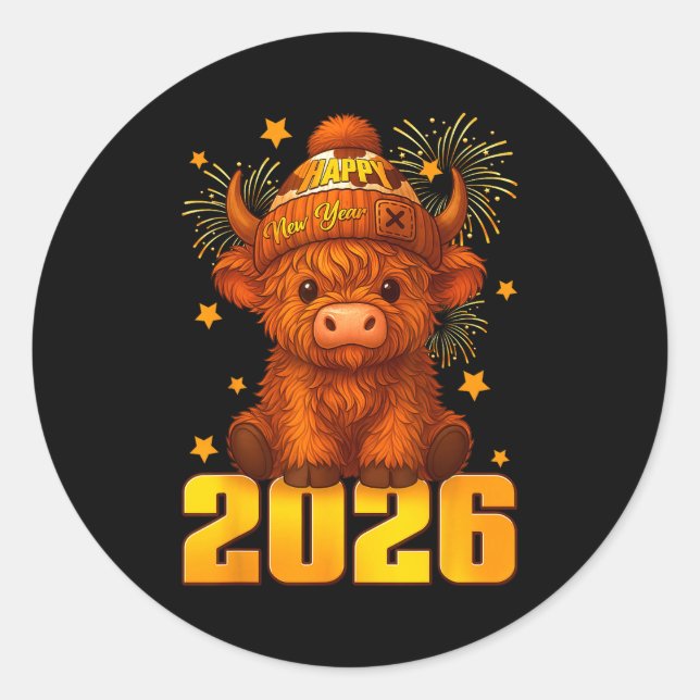 Happy New Year 2026 Highland Cow &amp; Party Hat N Runder Aufkleber (Vorderseite)