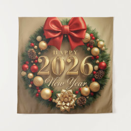 happy new year 2026 luxury wreath party backdrop wandteppich