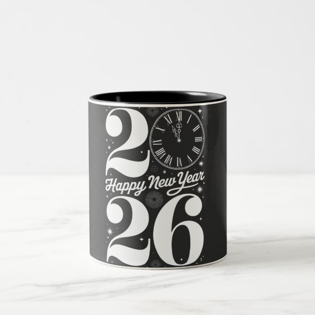 Happy New Year 2026 Midnight Clock Countdown Zweifarbige Tasse (Mittel)