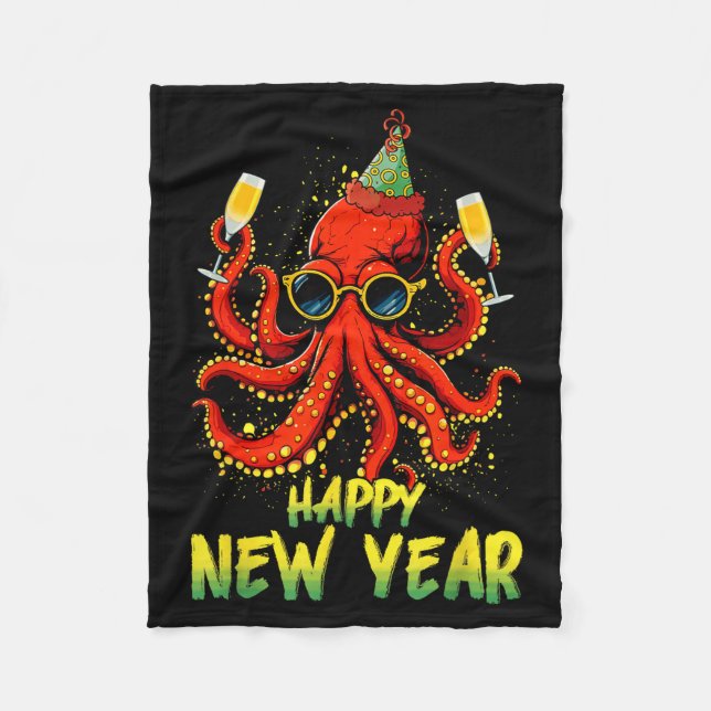 Happy New Year 2026 Octopus Drinking Champagne New Fleecedecke (Vorderseite)