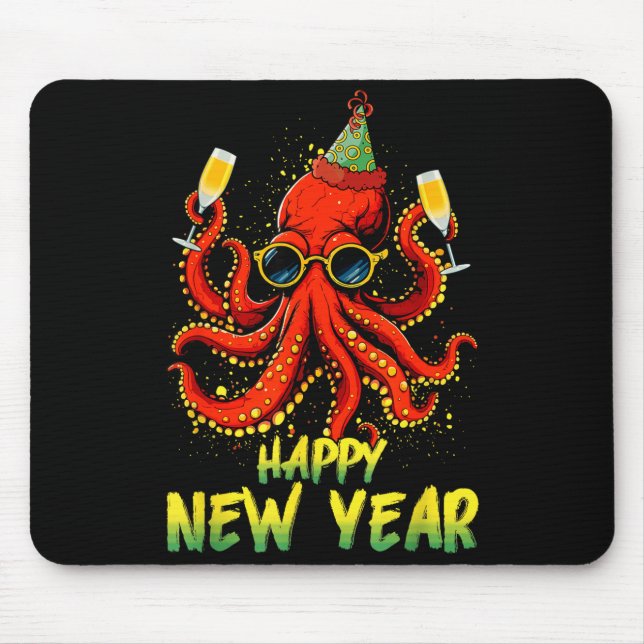 Happy New Year 2026 Octopus Drinking Champagne New Mousepad (Vorne)