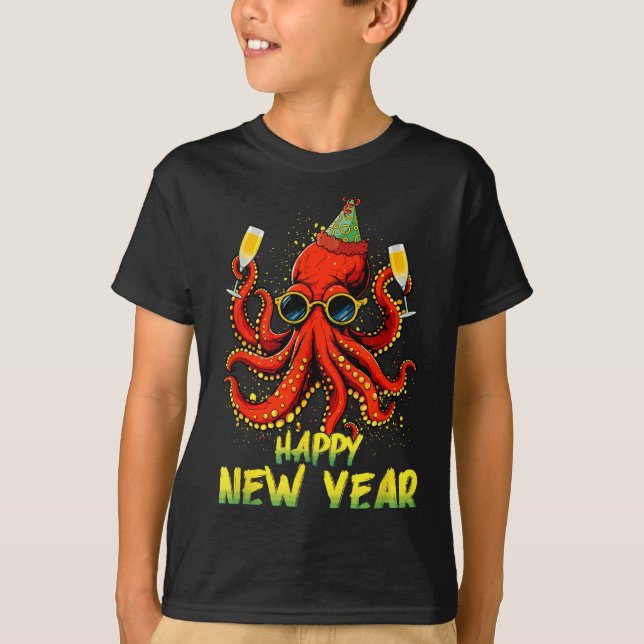 Happy New Year 2026 Octopus Drinking Champagne New T-Shirt (Vorderseite)