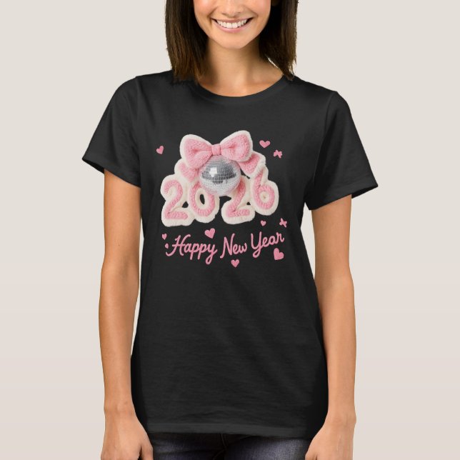 Happy New Year 2026 Pink Fuzzy Disco Ball Tee (Vorderseite)