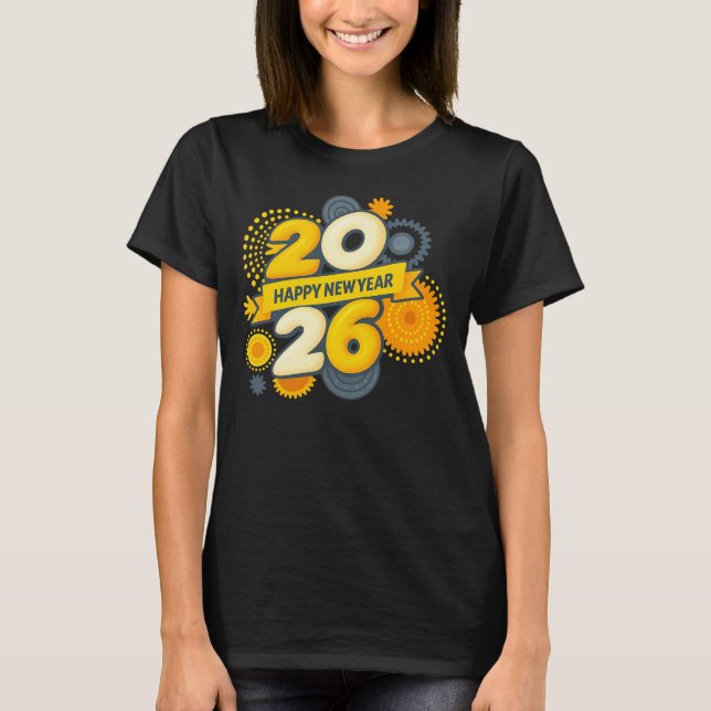  Happy New Year 2026 Retro Gear Burst Tee (Vorderseite)